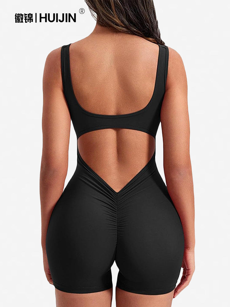 Cross-Border Popular Slim-Fitting High-Elastic Hip-Lifting One-Piece Yoga Suit For Women With Backless Square Collar Sports Fitness Jumpsuit Shorts