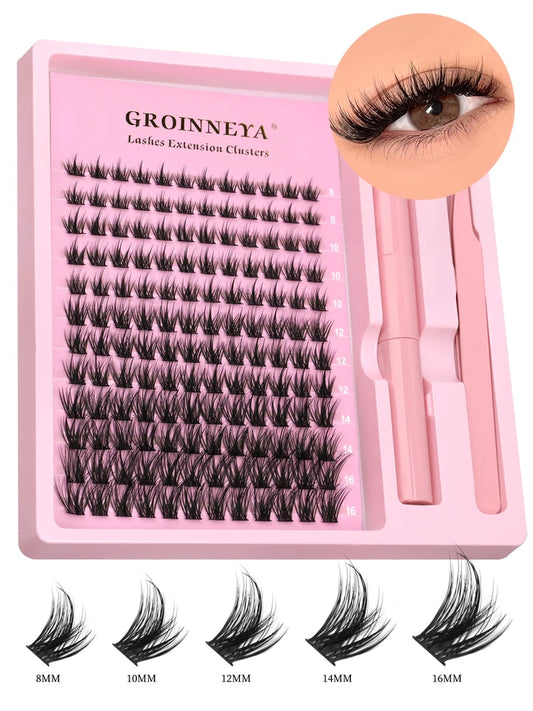 GROINNEYA Cluster Lashes Kit Fluffy Individual Lashes Lash Bond & Seal Faux Mink Lashes Eyelash Extension DIY at Home
