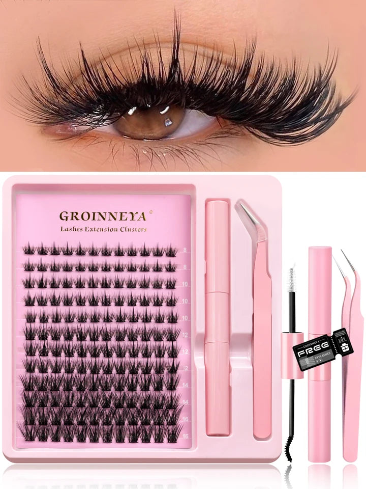 GROINNEYA Cluster Lashes Kit Fluffy Individual Lashes Lash Bond & Seal Faux Mink Lashes Eyelash Extension DIY at Home